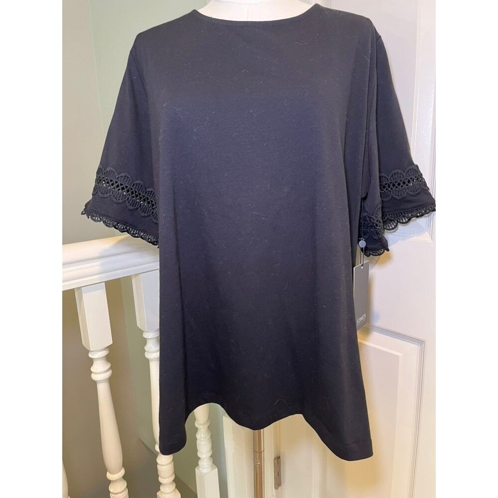 Jones New York Black Crochet Lace Trim Bell Sleeve Top Women's XL NWT